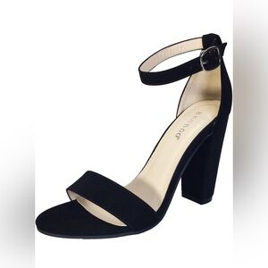 BAMBOO® Chunky Heel Sandal with Ankle Strap, Black Nubuck PU, 5.5 B US